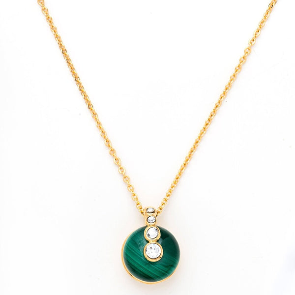 necklace pendant with green gem malachite semi precious gemstone with crystals in yellow gold plating from forest jewelry singapore