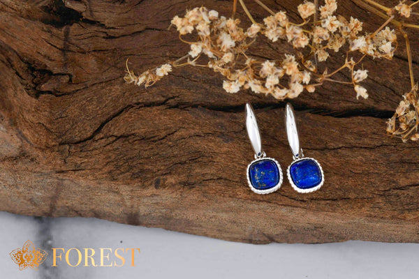 Shiny Silver Dangling Lapis semi-precious gemstone earrings. Nickel Free, hypoallergenic studs by Forest Jewelry Singapore.