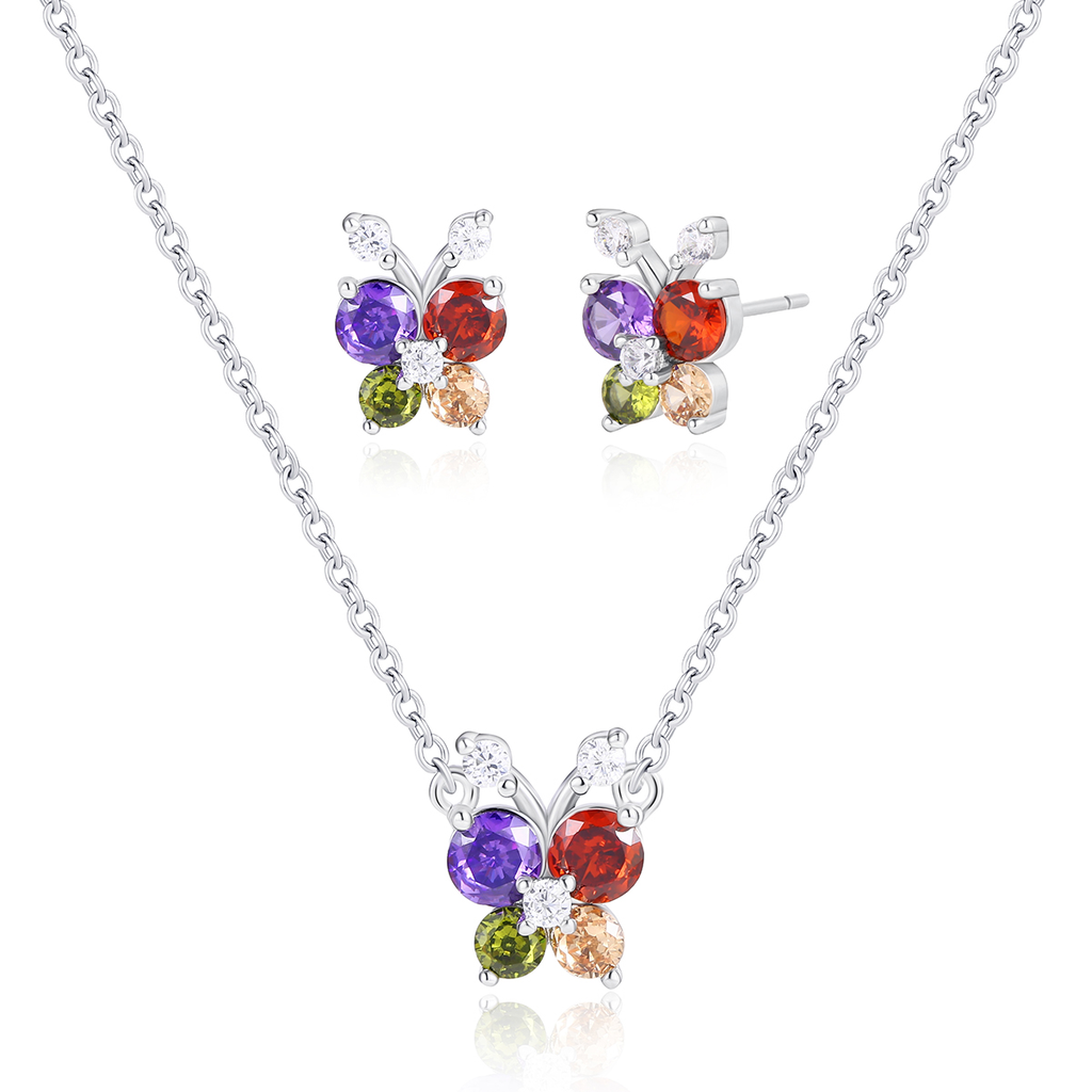 Rhodium Plated Multi Colored Butterfly Necklace and Earring Set RPRE-F244-CZ-SET