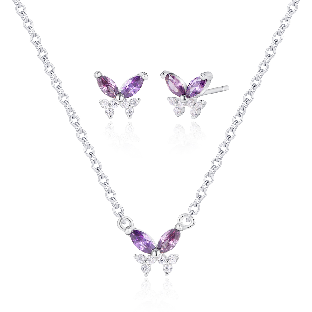 Rhodium Plated Lavender Butterfly Necklace and Earring Set