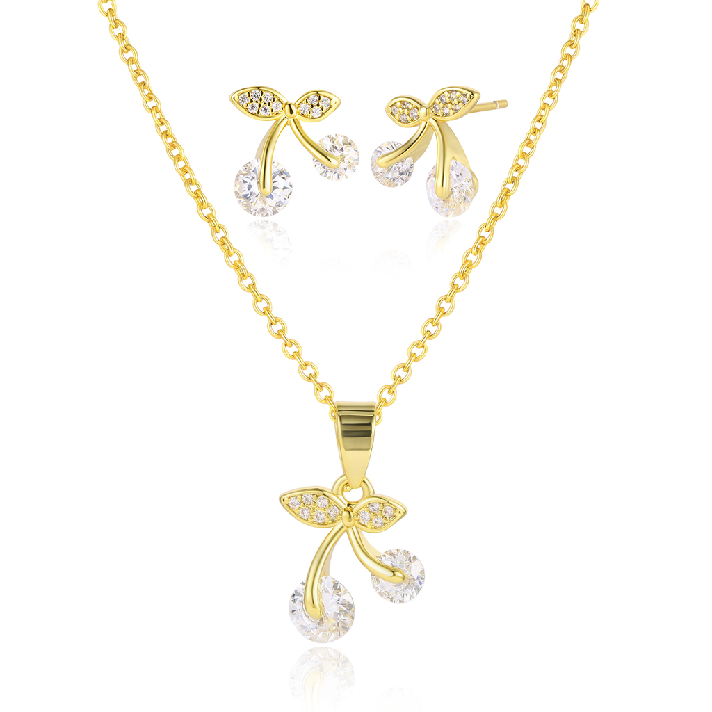 Yellow Gold Plated Cherry Necklace and Earring Set YGPYGE-F247-CZ-SET