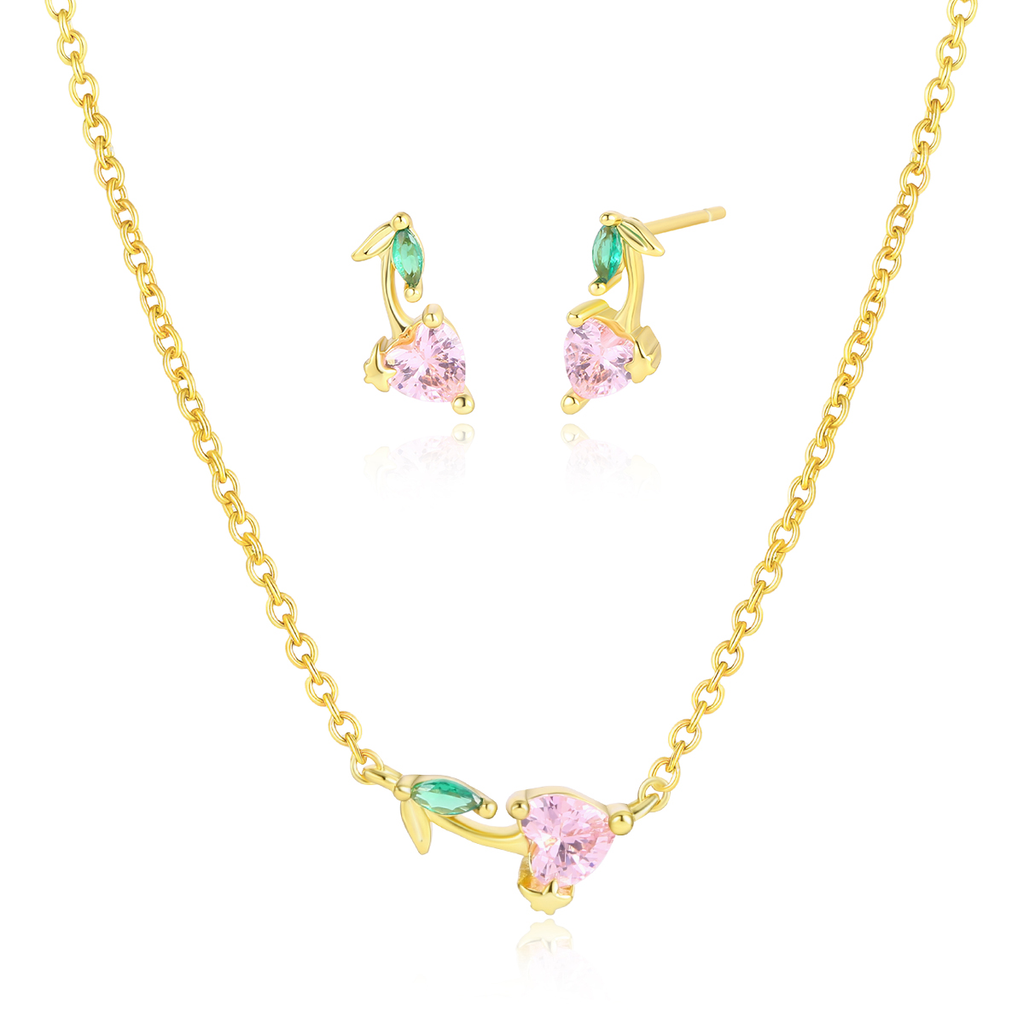 Yellow Gold Plated Pink Floral Bud Necklace and Earring Set YGPER-F492-Crystal