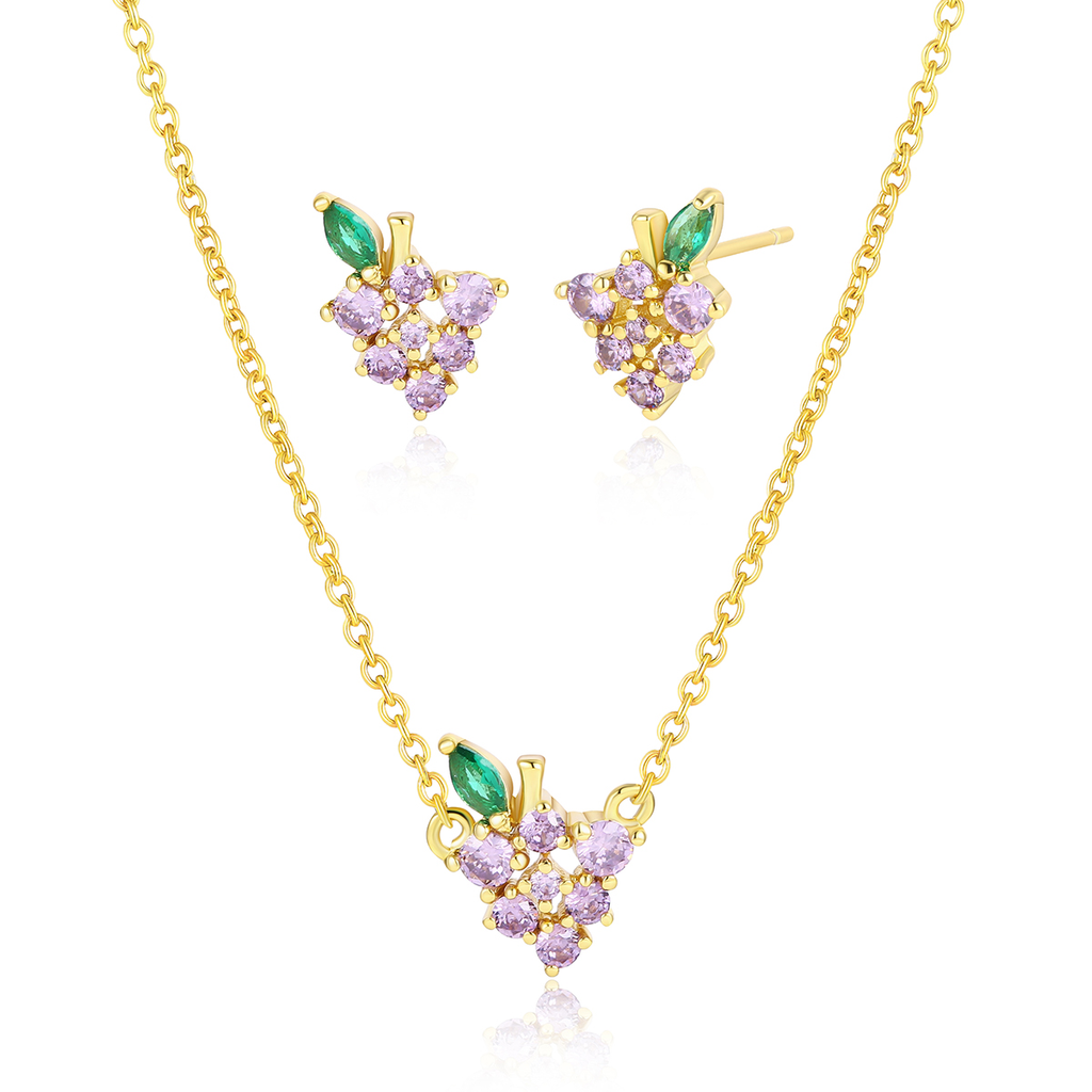 Yellow Gold Plated Grape Necklace and Earring Set YGPYGE-F246-CZ-SET