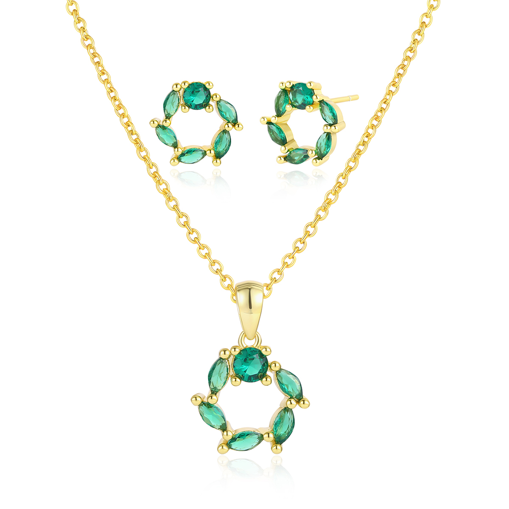 Yellow Gold Plated Classic Green Necklace and Earrings Set YGPER-F352-Green CZ Set