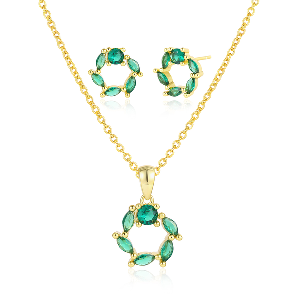 Yellow Gold Plated Classic Green Necklace and Earrings Set YGPER-F352-Green CZ Set