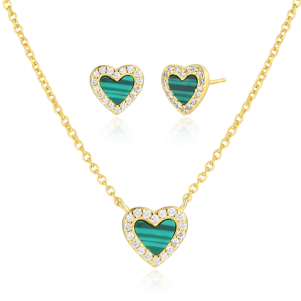 Yellow Gold Plated Heart Series with Malachite (Necklace and Earrings Sold Separately) YGE-F386, YGP-F389-Malachite