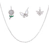 Silver jewelry set with necklace floral, butterfly and bee charms on a white background