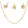 Gold jewelry set with butterfly and floral charms on a white background