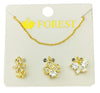 Gold jewelry set with butterfly, flower and clover designs on a 'FOREST' branded card.
