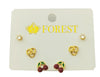 Set of gold and cherry earrings on a 'FOREST' branded card