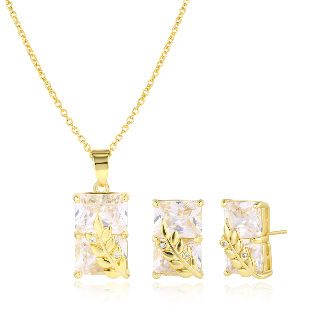 Yellow Gold Plated Olive Leaf Necklace and Earrings Set YGPER-F456-Crystal