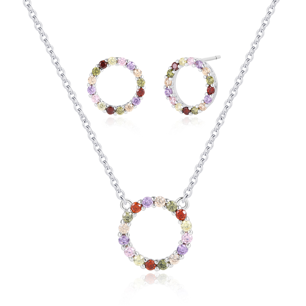 Rhodium Plated Classic Multi-Colored Necklace and Earrings Set RPRE-F245-CZ-SET