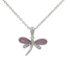 Silver dragonfly pendant with pink gemstones on a white background