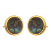 Pair of round earrings with gold rims and abalone shellon a white background
