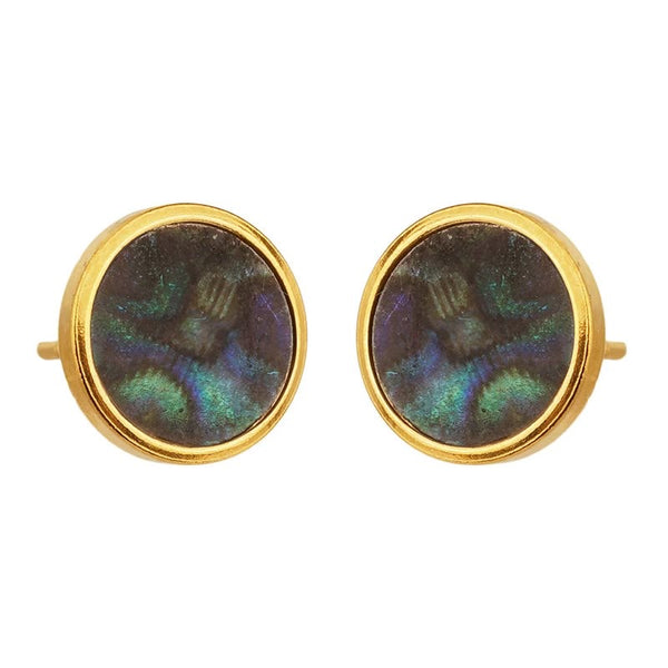 Pair of round earrings with gold rims and abalone shellon a white background