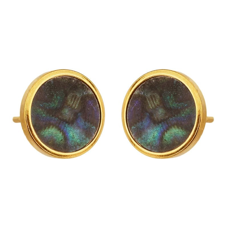 Pair of round earrings with gold rims and abalone shellon a white background