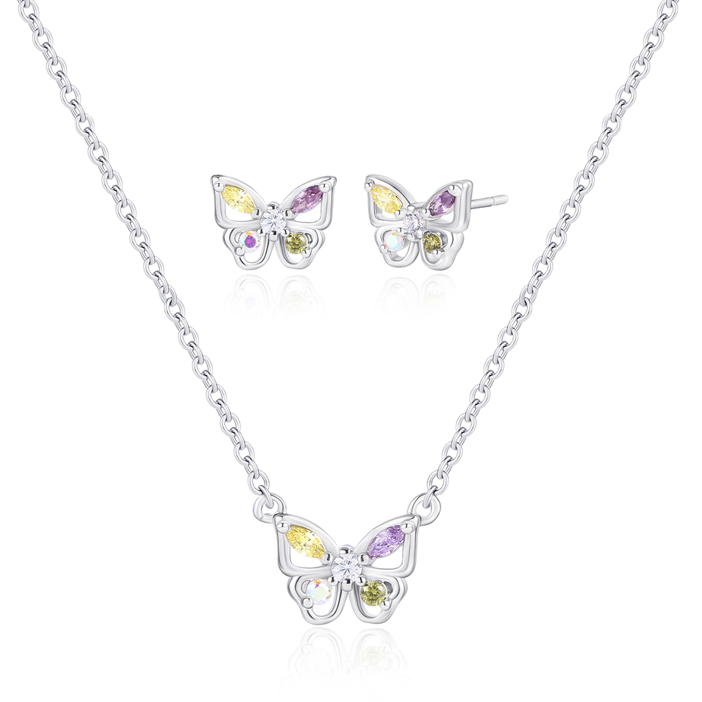 Butterfly necklace and earrings with colorful stones on a white background Forest Jewelry