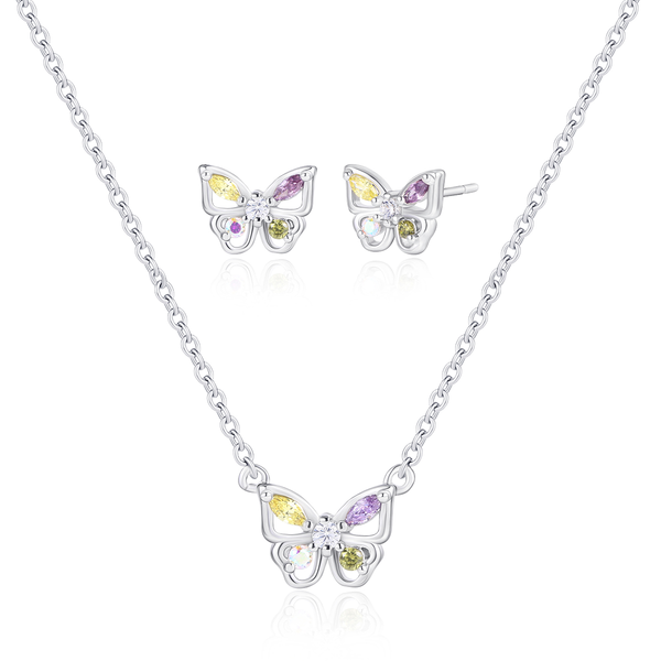 Butterfly necklace and earrings with colorful stones on a white background Forest Jewelry