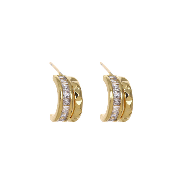 Gold earrings with diamond accents on a white background