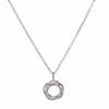 Silver necklace with a circular pendant on a white background