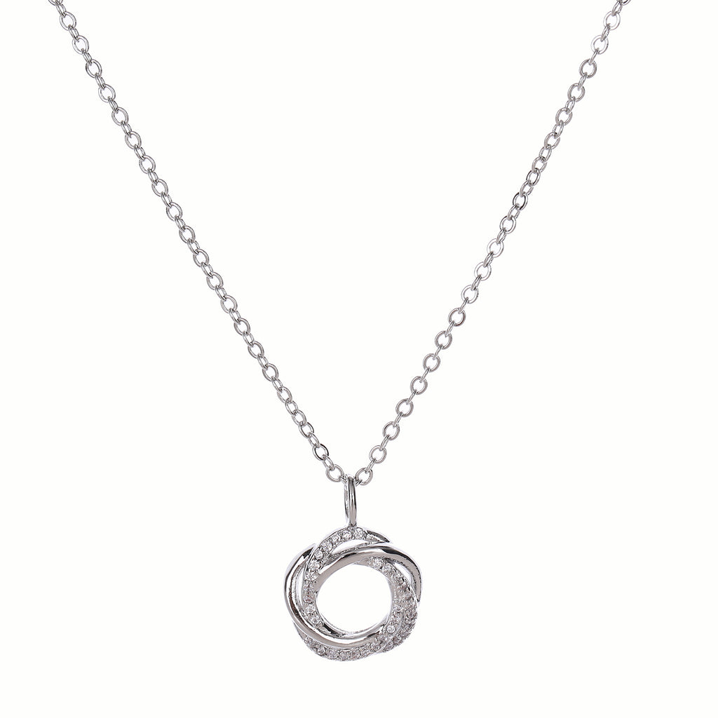 Silver necklace with a circular pendant on a white background