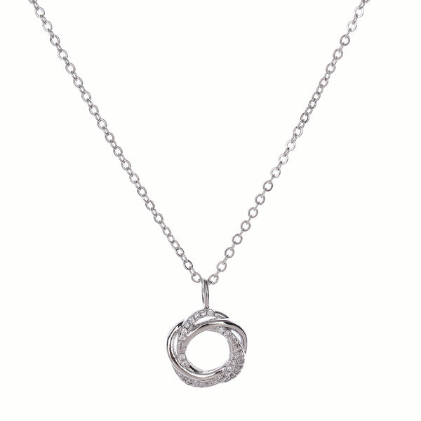 Silver necklace with a circular pendant on a white background