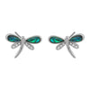 Dragonfly-shaped earrings with abalone shell wings on a white background