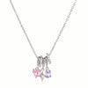 Necklace with heart-shaped pink and purple charms on a white background