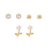 Set of crystal, gold ball and floral earrings 