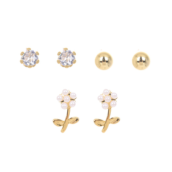 Set of crystal, gold ball and floral earrings 