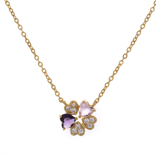 Gold necklace with a heart-shaped clover pendant featuring purplecrystals on a white background
