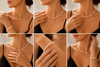 Collage of a woman wearing a necklace and bracelet, with close-up shots on a neutral background.
