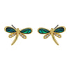 Dragonfly-shaped earrings with gold frames and green wings on a white background