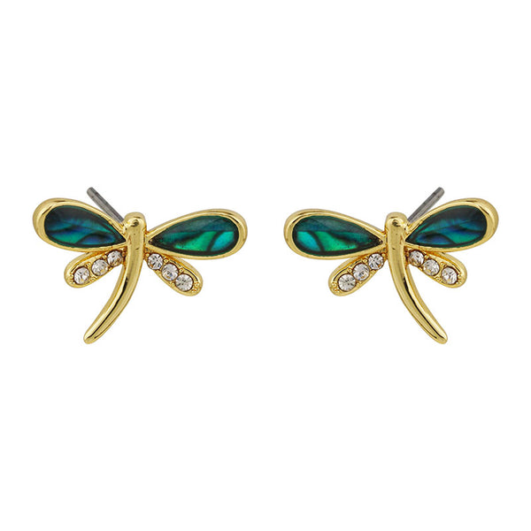 Dragonfly-shaped earrings with gold frames and green wings on a white background