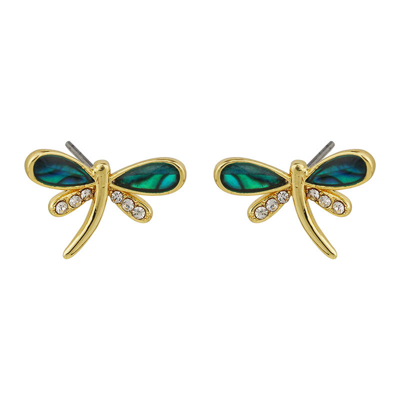 Dragonfly-shaped earrings with gold frames and green wings on a white background