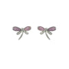 Pair of dragonfly-shaped earrings with purple phosphosiderite gemstone on a white background