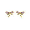 Gold dragonfly earrings with purple phosphosiderite on a white background