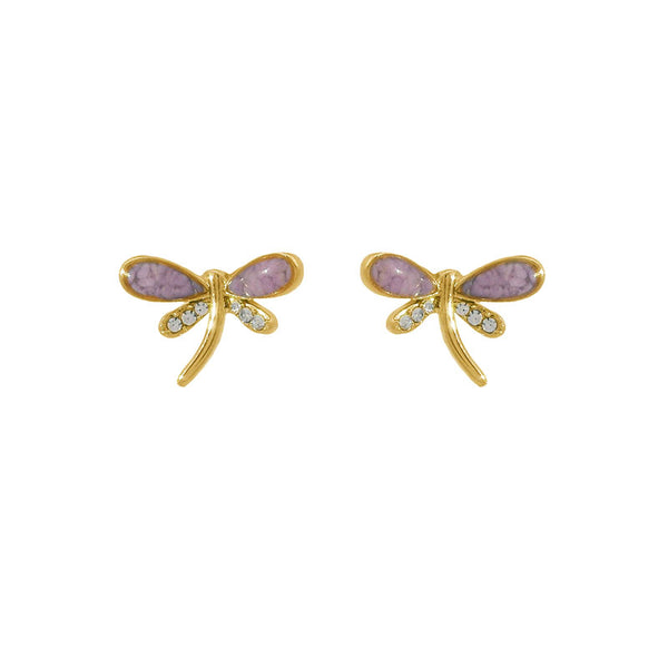 Gold dragonfly earrings with purple phosphosiderite on a white background