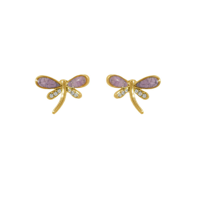 Gold dragonfly earrings with purple phosphosiderite on a white background