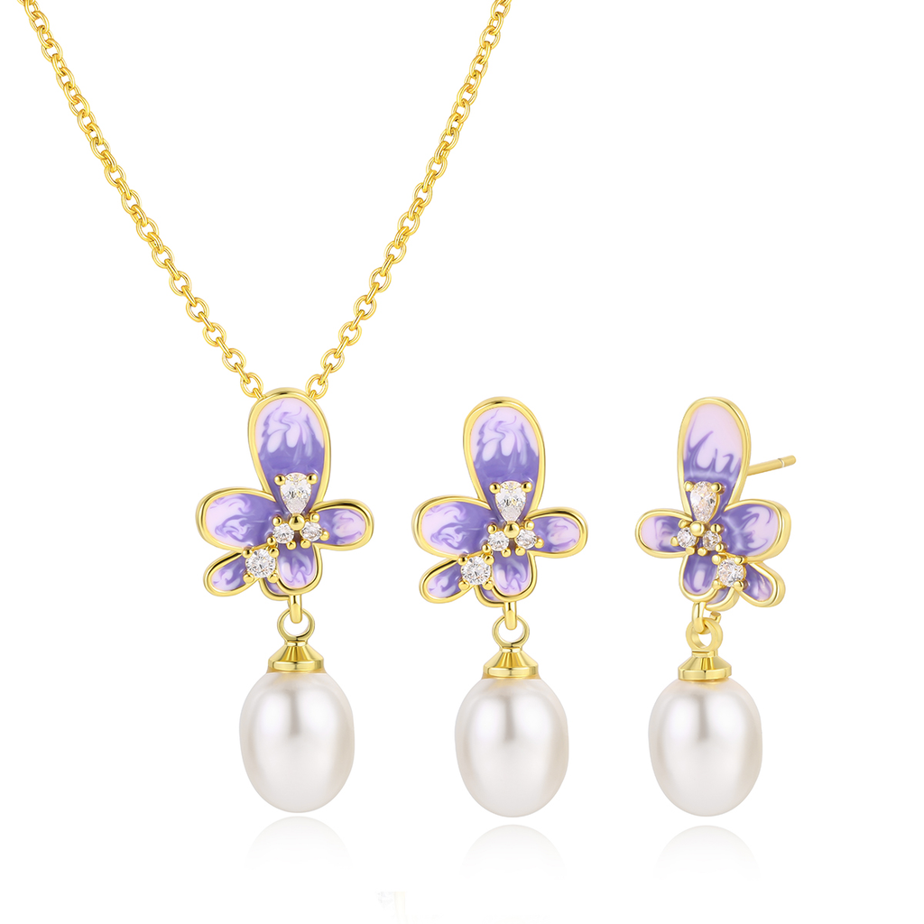 Yellow Gold Plated Floral Necklace and Earrings with Simulated Pearl (Necklace and Earrings Sold Separately) YGE-F501, YGP-F502- Purple-Simulated Pearl