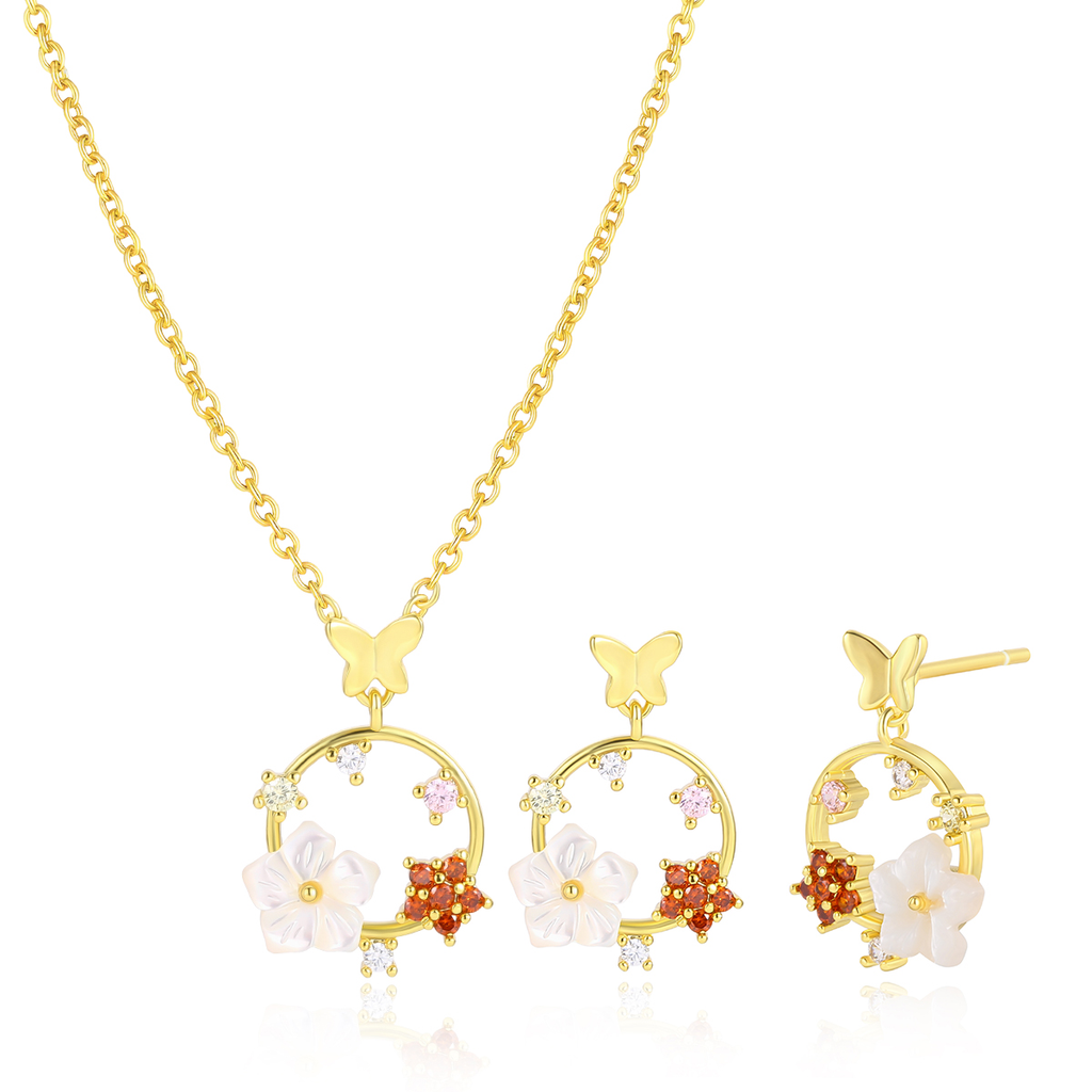 Yellow Gold Plated Enchanted Wings Series (Necklace and Earrings Sold Separately) YGP-F253-CZ+MOP, YGE-F252-CZ+MOP