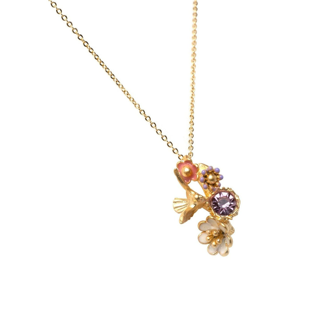 necklace pendant in yellow gold plating with flowers and crystal gems from Forest Jewelry singapore