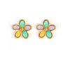 a pair of flower flora stud earrings petals in pastel colourful colours in yellow gold plating from forest jewelry singapore