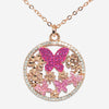necklace pendant in rose gold plating with butterfly and flowers garden in pink and clear crystals from forest jewelry