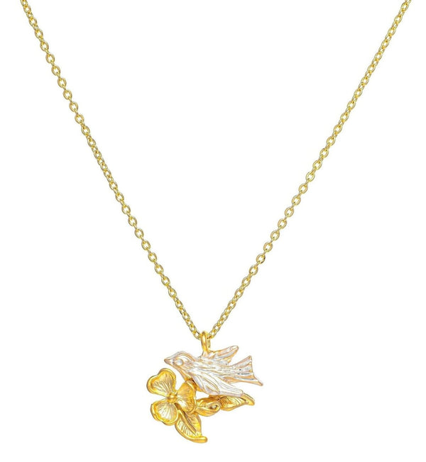 necklace pendant in yellow gold plating with canary bird and flower from forest jewelry singapore