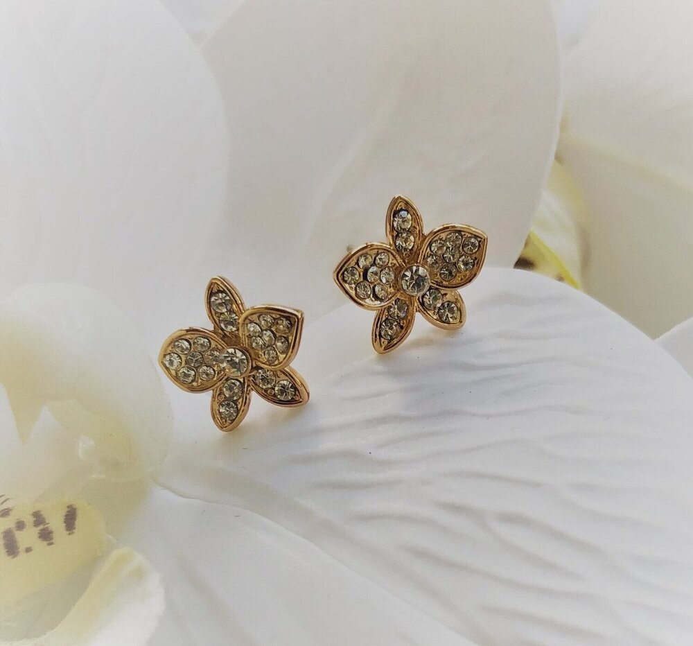 a pair of orchid rose gold plated stud earrings with crystals from forest jewelry singapore