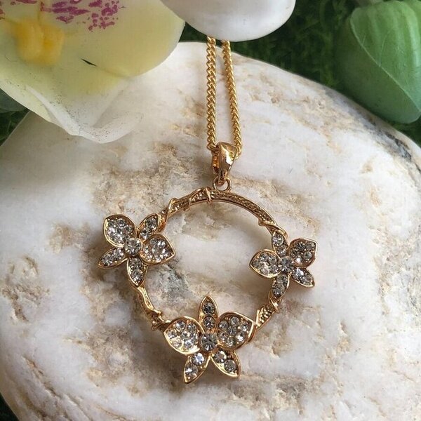 necklace pendant in rose gold plating with orchids and crystals on stone from forest jewelry singapore