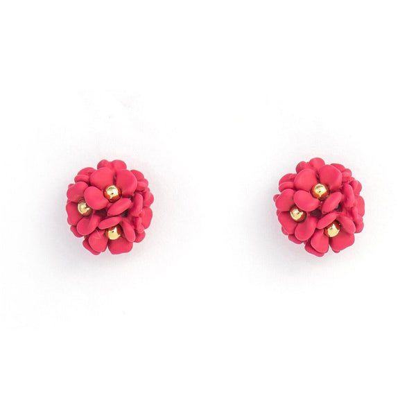a pair of dainty yellow gold plated flower bouquet earrings in raspberry pink from forest jewelry singapore