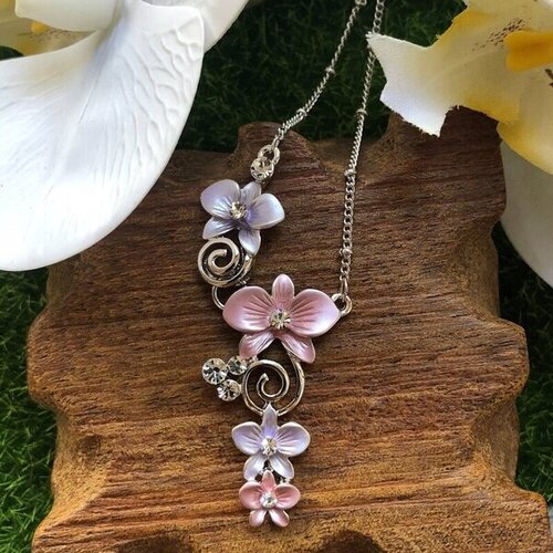 necklace pendant in rhodium plating with dendrobium purple pink orchids from forest jewelry singapore