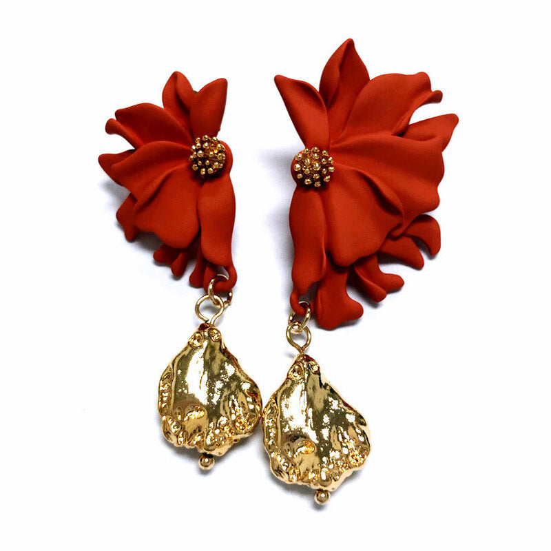 flora flower earrings in burnt orange with gold plated baroque nuggets from forest jewelry